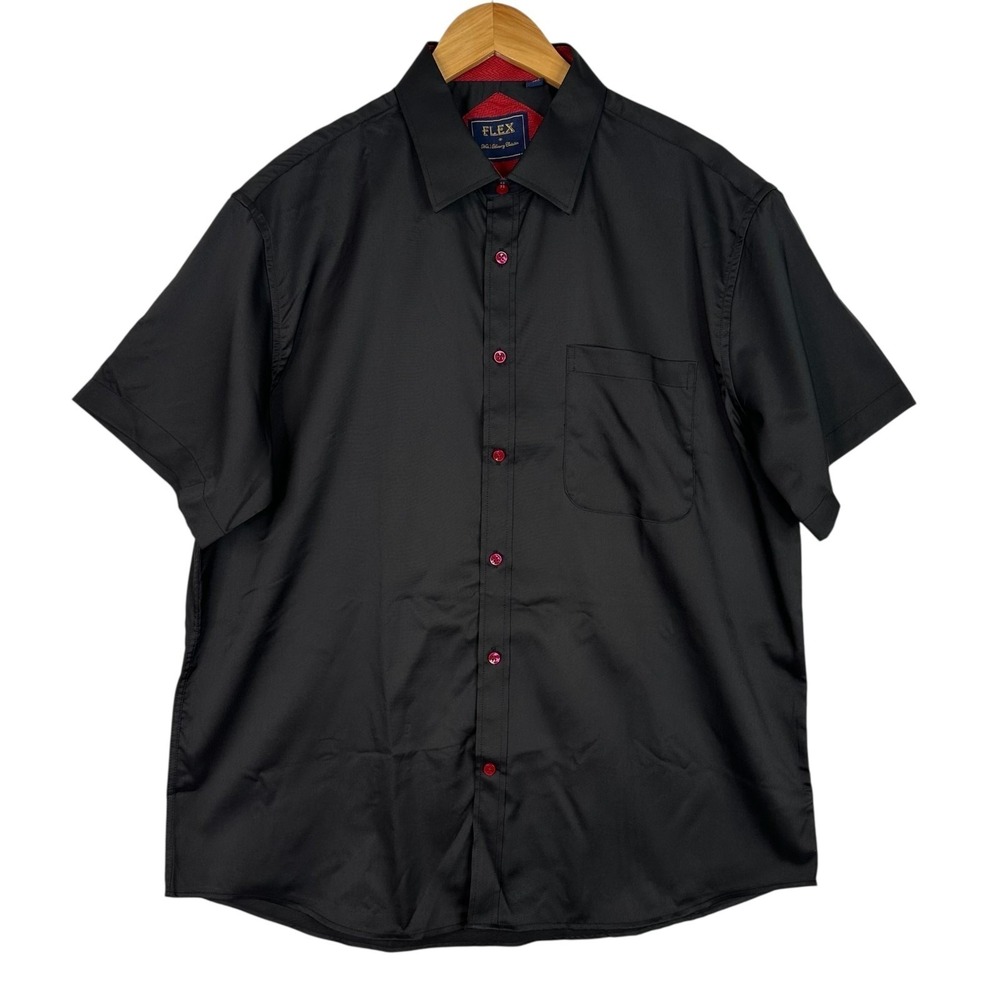 Flex Luxury Collection Button Up Shirt Mens Black XL Short Sleeve Red Accents
